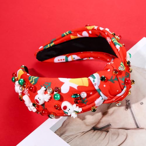 NVENF Christmas Headband for Women Jeweled Xmas Plaid Headband Embellished Crystal Pearl Knotted Headbands Wide Top Knot Holiday Headband Christmas Hair Accessories Holiday Outfits Gifts (Reindeer)