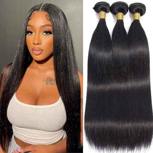 Straight Bundles Human Hair 26 26 26 Inch 100% Unprocessed Brazilian Virgin Hair 3 Bundles Human Hair Trippy Hair Bundle Extension for Black Women Natural Color