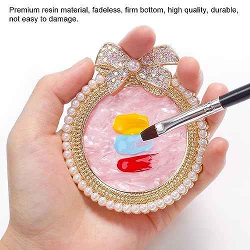 Resin Nail Art Palette, Nail Art Painting Mixed Color Palette, Bow Decorated with Rhinestones and Pearls Nail Art Display Board (Golden)