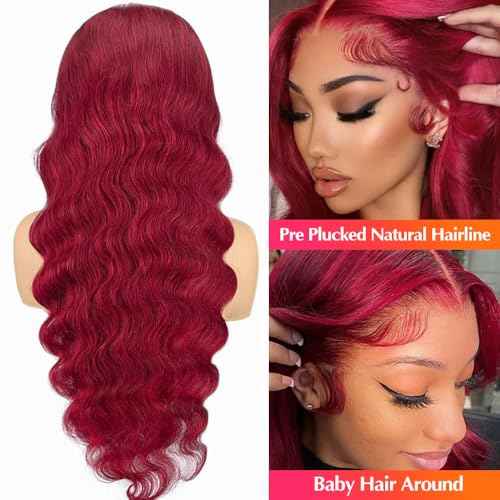 Sheeep 99j Burgundy Lace Front Wigs Human Hair Pre Plucked with Baby Hair 200% Density 13X4 Red Body Wave Human Hair Wigs for Women Natural Hair Wig 26 Inch