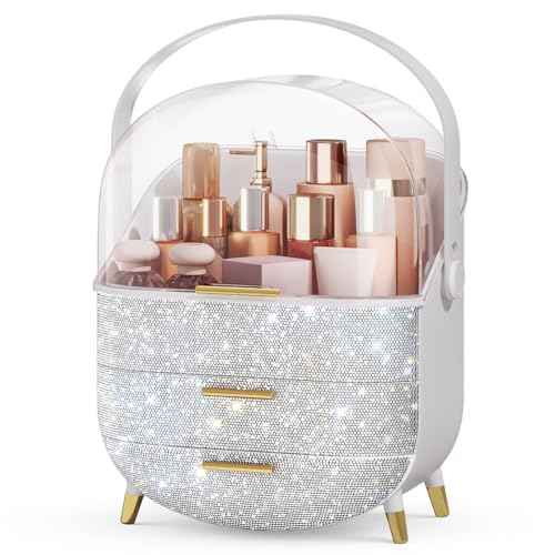 Bling Makeup Organizers, Cosmetic Display Case with Clear Cover, Vanity Makeup Organizers for Lipstick Perfume Lotion and Skincare, Silver Diamond