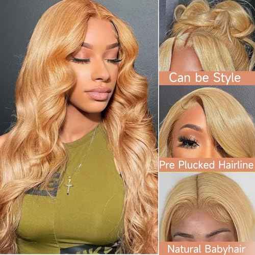 Honey Blonde Wig Human Hair 13x6 Body Wave Hd Lace Front Wigs Human Hair Pre Plucked 27# Colored Blonde Lace Frontal Wig 180% Density Real Hair Wavy Human Lace Front Wigs For Black Women 30Inch