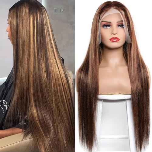 Lemoda 13x6 Highlight Straight Lace Frontal Human Hair Wigs Ombre 4/27 Outlets Sale 200 Density 24Inch 13x6 HD Transparent Lace Front Wigs Pre Plucked