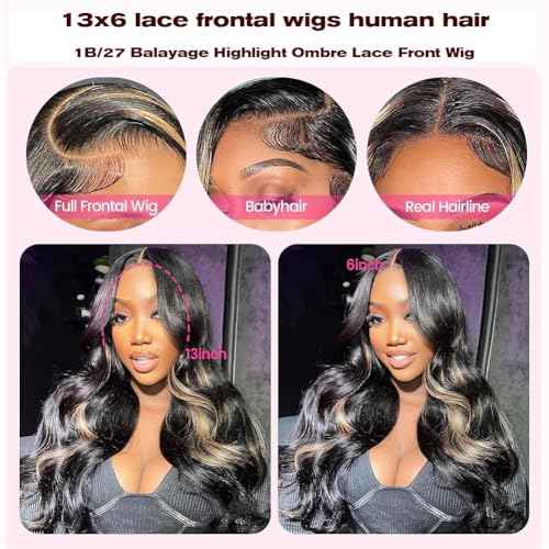 Ombre Lace Front Wig Human Hair Pre Plucked 13x6 Highlight Body Wave Lace Front Wigs Human Hair Hd Lace Frontal 1B/27 Colored Wigs Human Hair 180% Density 24 Inch