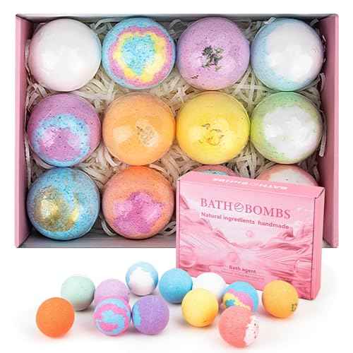Natural Handmade Bath Bombs Salt Balls Gift Set, 12 PCS with Sea Salt & Shea Butter, Moisturizing Dry Skin, Stress Relief, Bubble Bath, Perfect Care Relaxing Spa Gifts for Women, Men & Kids
