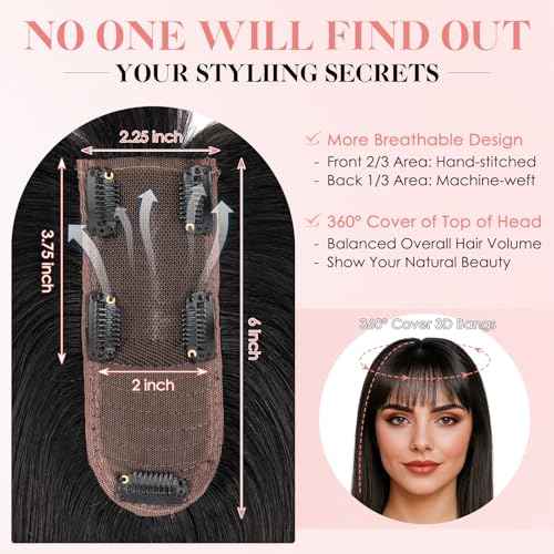 Hairro Human Hair Topper with Wispy Bangs, Clips on 360¡Æ 3D Cover Real Hairpieces Lightweight, 2.25"x6" Base for Women with High Hairline/Thinning Hair, 12 Inch Natural Black Bangs