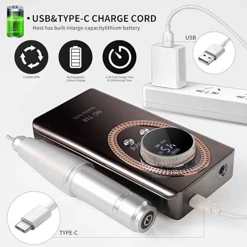 Electric Nail File for Acrylic Nail Kit, 45000RPM Electric Nail Drill Professional Manicure Pedicure Set with Nail Drill Kit Bits, Efile Cordless for Manicure