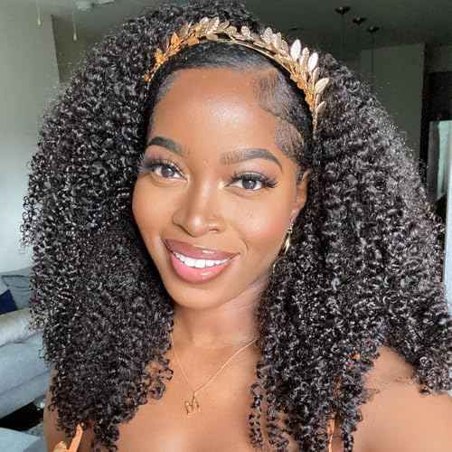 BLY Afro Curly Headband Wig Human Hair Half Wig for Women Glueless Kinky Curly Mongolian Wig 10A Grade 180% Density Natural Black Middle Part Headband Wigs 18 Inch
