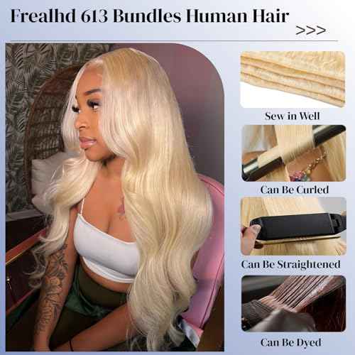 613 Blonde Bundles Human Hair Body Wave 22 inch, 16A Quick Weave Bundles Human Hair Sew in Extensions 100% Real Human Hair No Synthetic Blend, Double Weft, Triple Lifespan 3X, Can Be Dyed