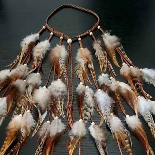 AWAYTR Feather Headband Women Festival Headwear Bohomia Feather Rope Crown Headdres For girls (White + Brown)