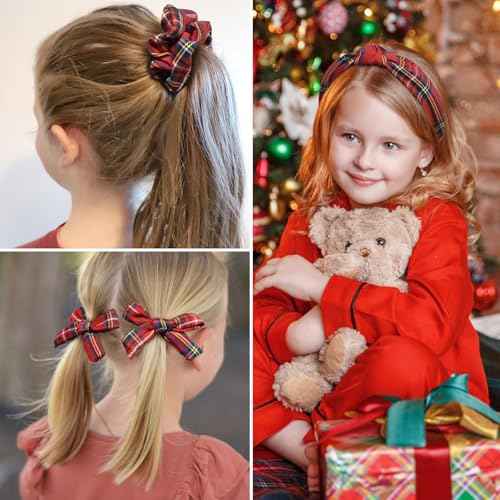 DEEKA School Uniform Plaid Hair Bows & Knotted Plaid Headband & Scrunchies Fable Hair Bow Set Alligator Clips for Toddler Girls Hair Accessories for Little School Girls (Christmas)