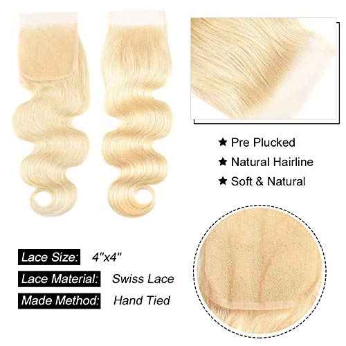 Blonde Human Hair Bundles with Closure Brazilian Premium Virgin Body Wave Human Hair Extensions 613 Blonde 3 Bundles with 4x4 Lace Closure Free Part (12 14 16+10, 613)