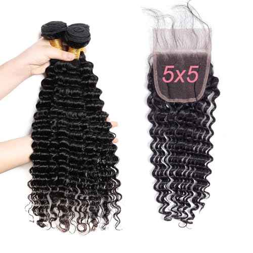 Deep Wave Bundles with Closure Human Hair 20 22 24 inch Wavy Curly Hair Extensions 5x5 HD Lace Closure Free Part 100% Unprocessed Virgin Hair with Closure