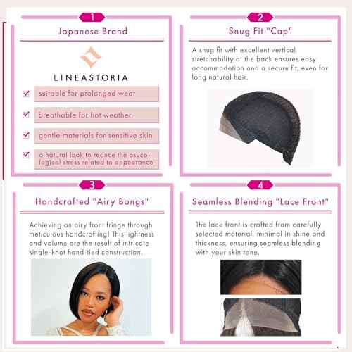 Exotic Bob Wig for Black Women - Snug Fit Cap, Handcrafted Airy Bangs, Seamless Lace Front, Asymmetrical, Rounded Nape, Glueless, Hypoallergenic, Heat Resistant (Natural Black)
