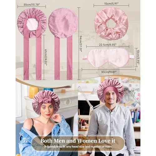 100% Mulberry Silk Bonnet for Sleeping Women Silk Hair Bonnet Elastic Tie Band Hair Wrap with Silk Hair Scrunchies and Silk Sleep Eye Mask(Bean Paste+Pink)