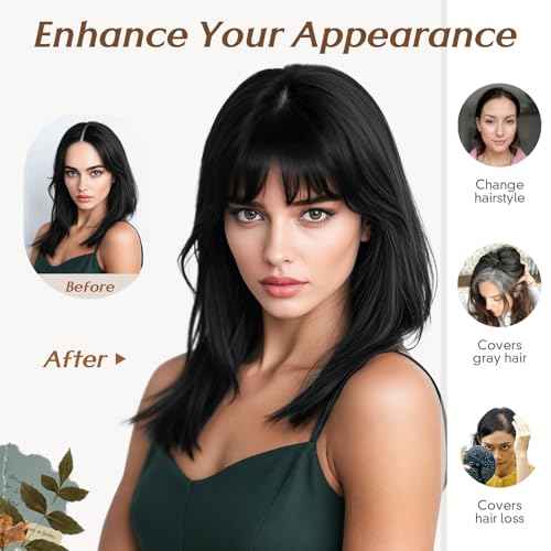 Rich Choices Hair Toppers for Women Real Human Hair 360¡Æ3D Clip in Bangs 100% Remy Human Toppers with Bang for Thinning 150% Density Upgrade Extended 2"*6"Lace Base 12 Inch #01 Jet Black