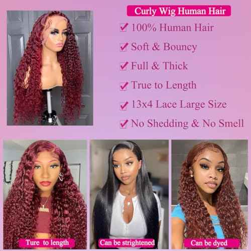 99J Burgundy Deep Wave Lace Front Wigs Human Hair 13x4 HD Lace Frontal Wigs Human Hair Lace Front Wigs Pre Plucked 99j Burgundy Deep Curly Wigs Human Hair Wigs For Women 180% Density 24 Inch
