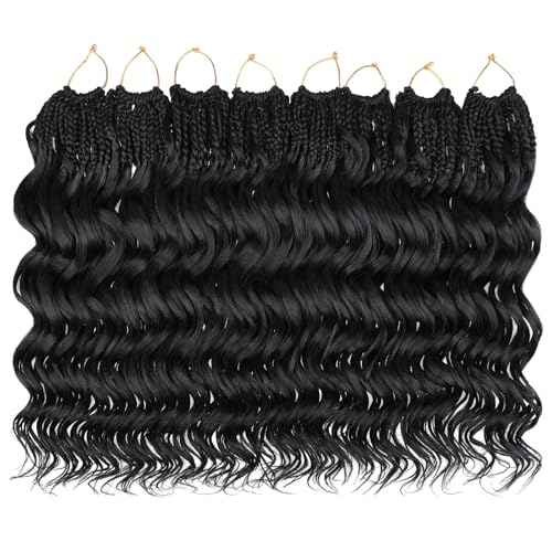 Leeven 18 Inch Pre Looped Ocean Wave Crochet Hair 8 Packs Black Long Curly Crochet Hair Boho Ocean Braids Pre Twisted Synthetic Deep Wavy Crochet Braids for Women