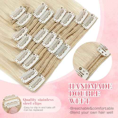 S-noilite Clip in Hair Extensions Real Human Hair Platinum Blonde Clip on Extensions 18 Inch 8pcs 140g Straight Double Weft #60