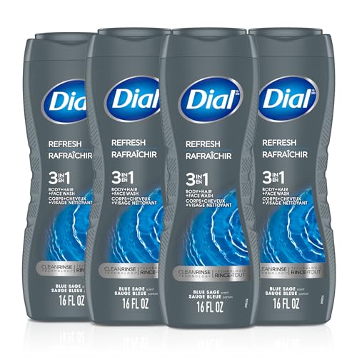 Dial Men 3 in 1 Body, Hair and Face Wash, Refresh, 16 Fl Oz (Pack of 4), Blue Sage Scent, Cleanses Deep + Gentle on Skin with Clean Rinse Technology