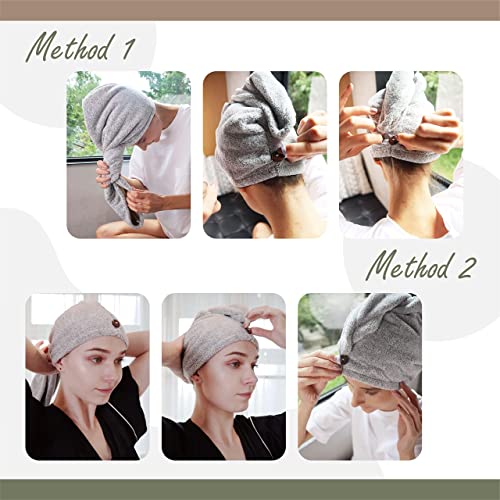 myHomeBody Hair Towel Wrap | Luxury Rapid-Dry Hair-Drying Turban | Ultra Soft and Quick Drying Absorbent Charcoal Fiber, with Coconut Shell Button – 2 Pack