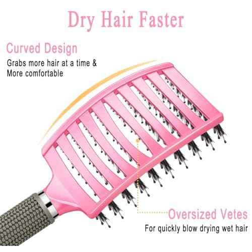 KTKUDY Detangling Brush Boar Bristles Hairbrush Make Hair Shiny & Healthier Curved and Vented Detangler Brush for Women Men Kids Wet & Dry Hair (Pink)