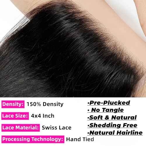 12A Bundles With Closure Human Hair 16 18 20+14 Inch,Body Wave Human Hair Bundles With 4X4 Hd Lace Closure,100% Unprocessed Brazilian Virgin Hair Weave Natural Black Color