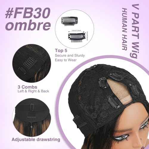 CHEETAHBEAUTY FB30 Ombre V Part Wig Human Hair 18Inch No Leave Out Upgrade Straight U Part Wig Highlight Blonde No Glue Brazilian Virgin Straight Human Hair Wigs for Women Colored Brown 180% Density