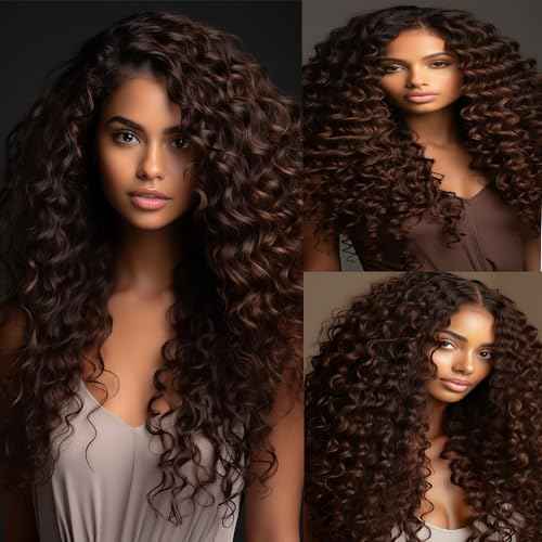 Color 4 Human Hair Chocolate Brown Kinkycurly Bundles Double Weft Brazilian Hair Extensions Dark Brown Deep Curly Wave Bundles Silky and Soft for Women (14 16 18 inch 3 Bundles)