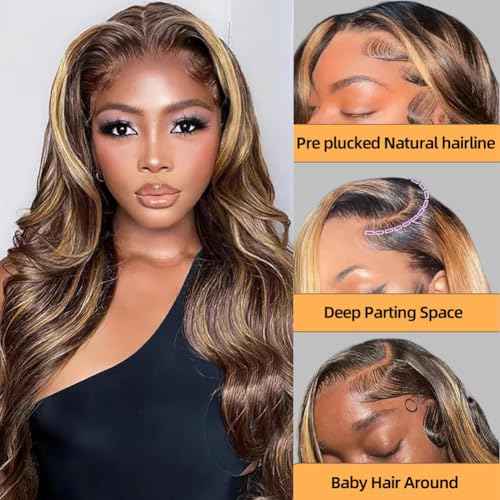Sunelk 26 Inch Honey Blonde Ombre Lace Front Wig Human Hair Highlight Body Wave Wig 13x6 Lace Front Wigs Human Hair Pre Plucked 200 Density 4/27 Colored HD Lace Frontal Glueless Wigs for Black Women