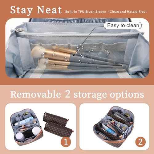 BOYATU Travel Makeup Bag Cosmetic Bags for Women: 3 Pcs Set Large Portable Make up Bag with Handle - Vegan Leather Toiletry Bags with Compartments - Makeup Organizer for Travel Essentials(A-1-Coffee)
