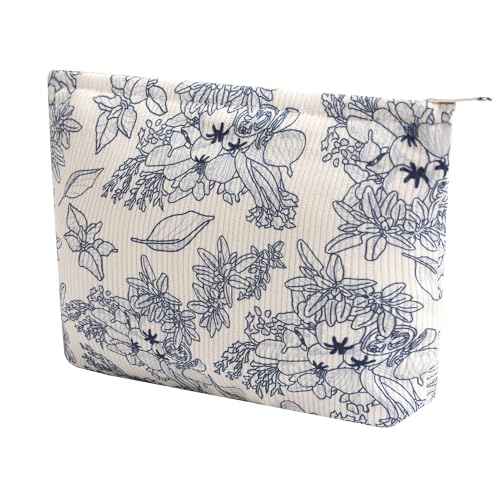 Cosmetic Bags for Women - Corduroy Cosmetic Bag Aesthetic Women Handbags Purses Smile Dots Makeup Organizer Storage Makeup Bag Girls Case Bags (Flowers-Navy blue)