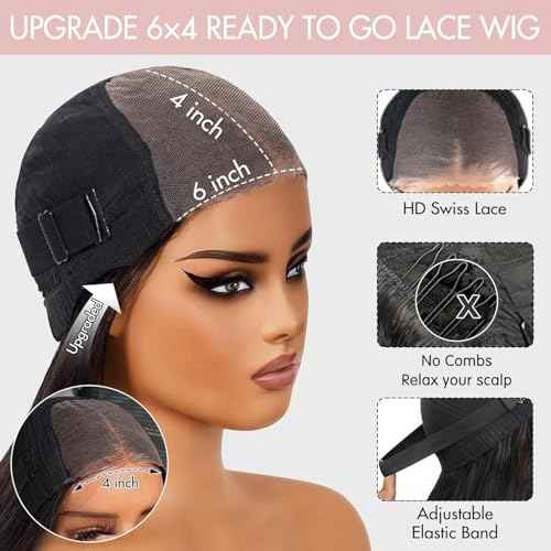 Bob Glueless Wigs Human Hair Pre Plucked Pre Cut 6x4 HD Transparent Lace Front Wigs Human Hair 150% Density Wear and Go Short Straight Wigs for Black Women No Glue 14 Inch