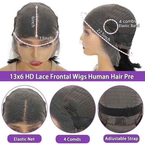Bob Wig Human Hair 13x6 Hd Transparent Wigs Human Hair Pre Plucked With Baby Hair Glueless Wigs Human Hair 180% Density Straight Frontal Lace Wigs For Women Natural Color 16 Inch