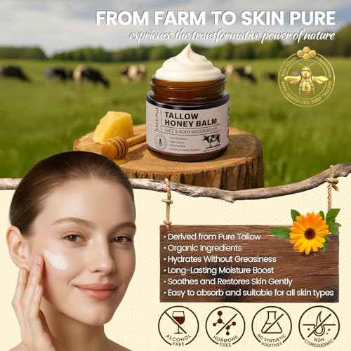 Beef Tallow for Skin, Tallow and Honey Balm with 100% Grass-Fed Beef Tallow & Raw Wild Honey, Natural Face & Body Moisturizer for Deep Hydration, Barrier Repair, Soothing Relief 2.1 OZ