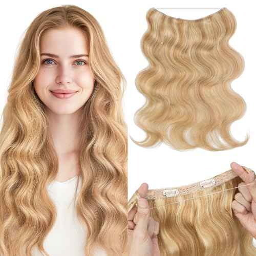 SEGO Halo Hair Extensions, Wavy Adjustable Invisible Wire Extensions, Real Human Hair, 2 Clips for Women Transparent Fish Line Extensions, Add Length Volume, 16 inches, Gold Blonde Mixed Bleach Blonde