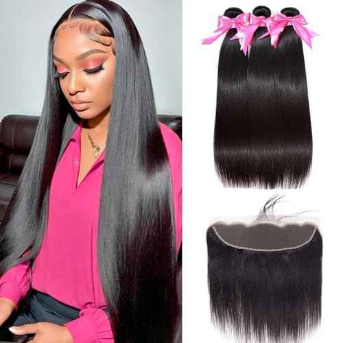 10A Brazilian Straight Human Hair Bundles with Frontal Closure 18 20 22+16 Inch Straight Bundle Human Hair with Closure 100% Unprocessed Virgin Hair Weave 3 Bundles with 13x4 HD Lace Frontal