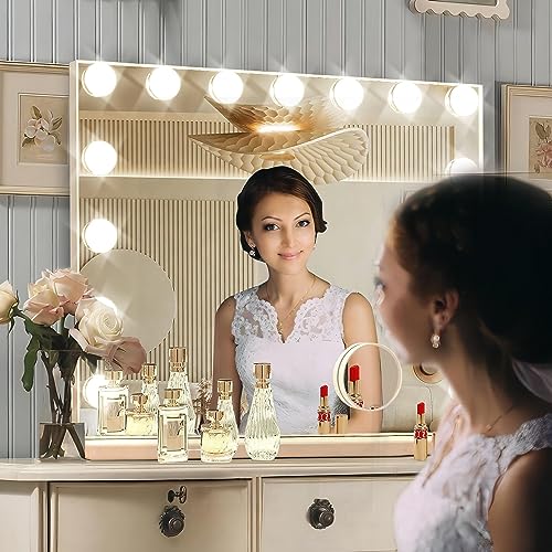 Hollywood Vanity Mirror with Lights, 15 Dimmable Bulbs, 3 Color Lights,Make Up Lighted Mirror, Aluminum Metal Frame, USB Charging Port£¨23" x 18"£©