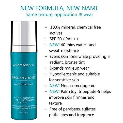 Colorescience Bronzing Primer SPF 20, Water Resistant Mineral Sunscreen, Broad Spectrum SPF 20 UVA/UVB Skin Protection, 1 Fl Oz (Pack of 1)