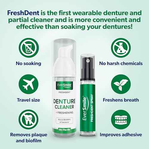 EverSmile FreshDent Denture and Partial Denture Cleaner + Teeth Whitening Spray and Foam? Travel Size Alternative to Cleaning Tablets That Eliminates Bacteria and Fights Bad Breath ? 50ml + 10ml (4pk)