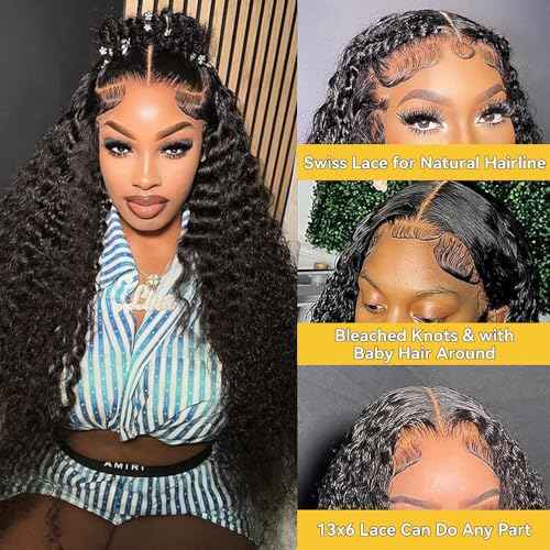 30 Inch 13x6 Deep Wave Lace Front Wigs Human Hair Pre Plucked 180 Density HD Lace Frontal Wigs for Women with Baby Hair Natural Black