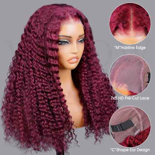 V SHOW 99j Burgundy Lace Front Wig Human Hair 180% Density Glueless Wigs Human Hair Pre Plucked Pre Cut 7x5 Deep Wave Lace Closure Wigs 18 Inch Pre Everything Burgundy Glueless Wig for Women