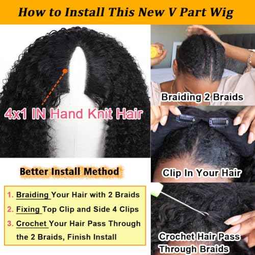 V Part Wig Human Hair Kinky Curly Natural Black 16 Inch | Curly Human Hair Wig Upgrade U Part Human Hair Wigs for Black Women Glueless Wig Wear and Go 180 Density