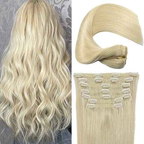 Real Human Hair Lace Clip In Hair Extensions Thick Ends 20inch 120g Color Bleach Blonde #60 Remy Hair Extensions