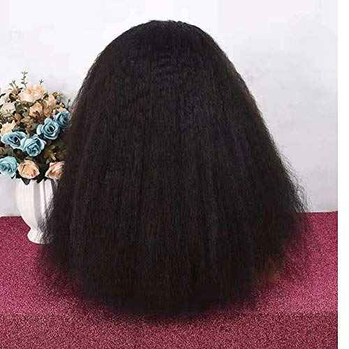 Kinky Blow Out Wig With Bangs Human Hair None Lace Front Wig Glueless Kinky Straight Scalp Top Wig Full Machine Made Brazilian Remy Hair 150% Density Natural Color 14"