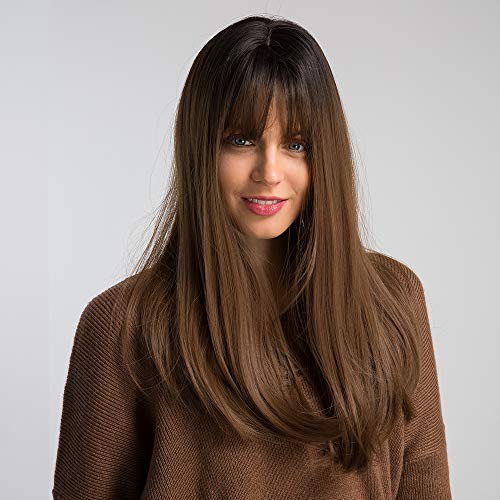 HAIRCUBE Brown Wigs for Women Highlight Color Wigs Synthetic Women's Wig Long Straight Layered Heat Resistant Wig Natural and realistic (167-12/35)