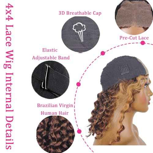 2/30 Highlight Bob Wig Human Hair 4x4 Wear and Go Glueless Wigs Pre Cut Lace 180% Density Deep Wave Human Hair Wigs for Black Women Beginner Friendly Highlight (Glueless Bob Wig, 8inch)