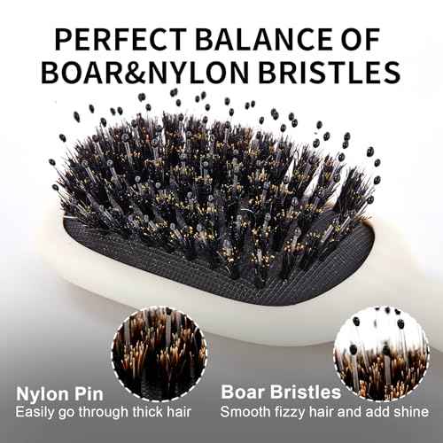 Mini Boar Bristles Hair Bursh, Travel Size Hair Brush for Women Men Kids, Protable Small Hair Brush for Pockets Purses, Mini Detangler Brush for Smooth Add Shine(White)