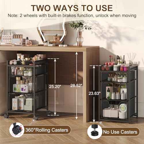 JKsmart Rolling Makeup Cart Organizer with 3 Drawers, Cosmetics Display with Dividers, Floor Skincare Storage with Wheels, Versatile Vanity Organizer for Nail Polish Perfume Brush Hair Tool, Black
