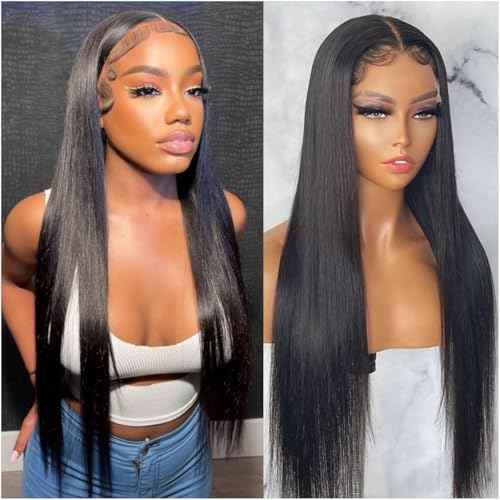 13x4 Straight Lace Front Wigs Human Hair Pre Plucked 26 Inch HD Transparent Lace Frontal Wigs Human Hair for Women 180% Density Glueless Frontal Wigs Human Hair Straight Wig(26 Inch)
